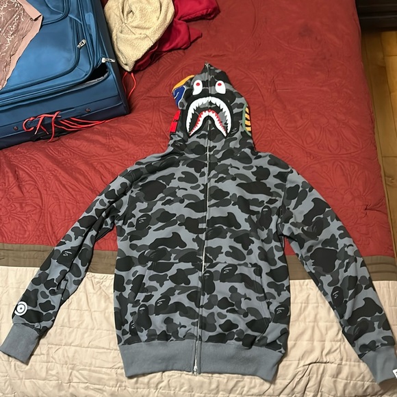 BAPE Grid Camo Shark Full Zip Hoodie 'Black/Grey' - Size Medium - Picture 1 of 5